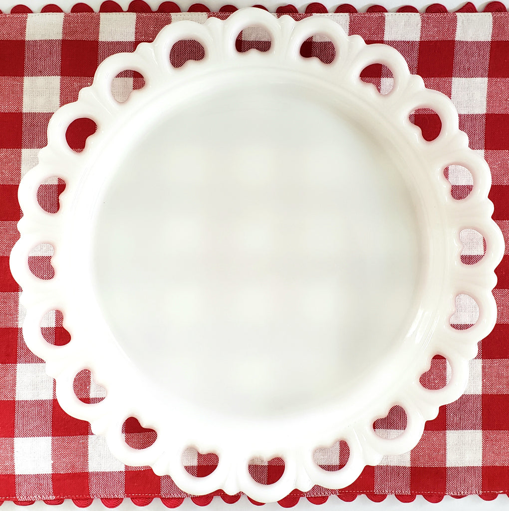 White Milk Glass Cake-Torte Plate 13" with Open Heart Lace Edge