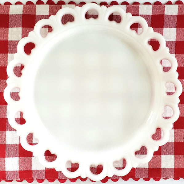 White Milk Glass Cake-Torte Plate 13" with Open Heart Lace Edge