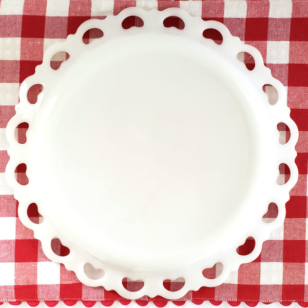 White Milk Glass Cake-Torte Plate 13" with Open Heart Lace Edge