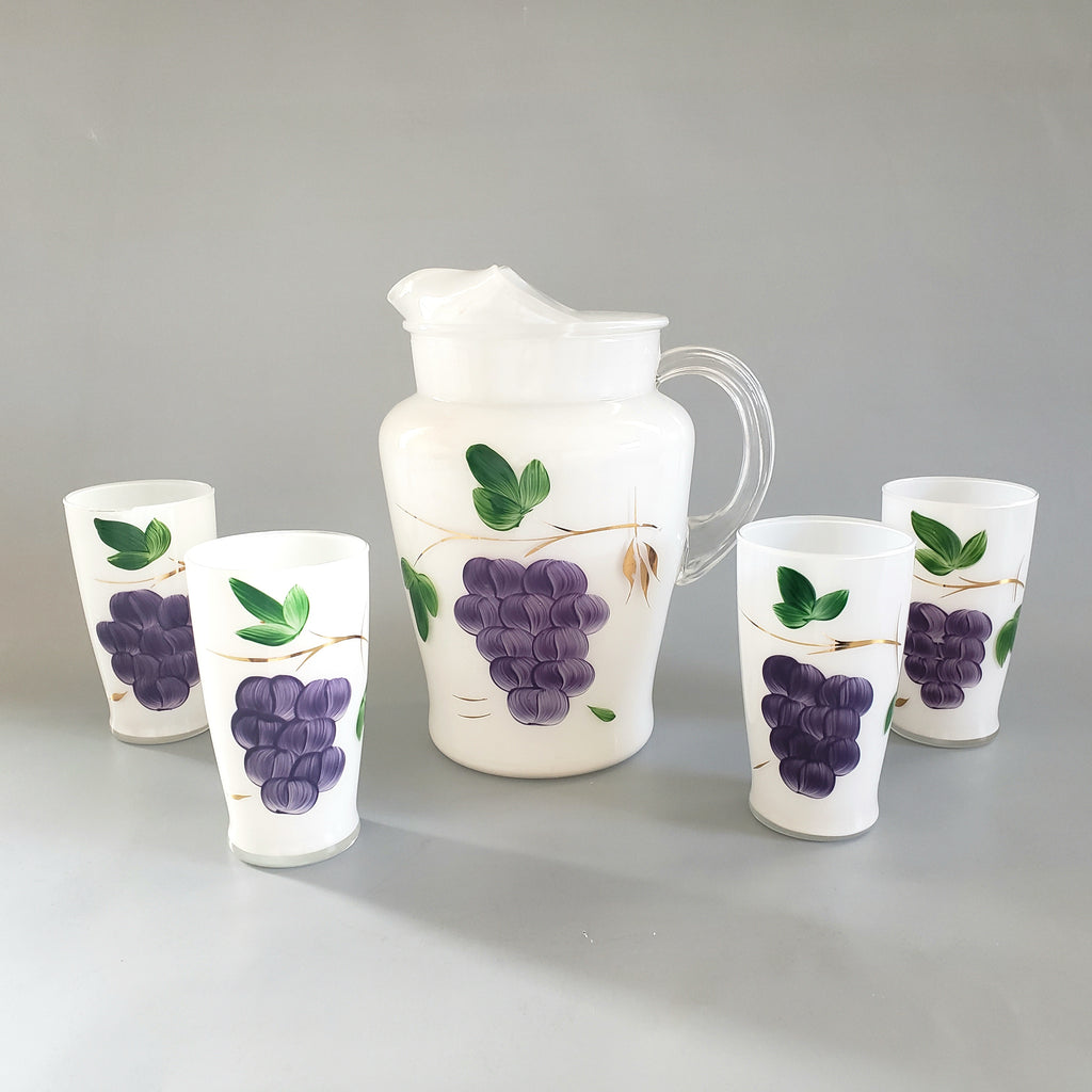 Hand Painted Violets Glass Pitcher Set Juice Glasses Easter 