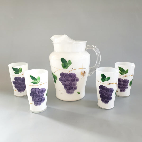 Mid-Century Frosted Glass Pitcher Set w/ 4 Tumblers Bartlett Collins, Hand Painted Grapes by Gay Fad