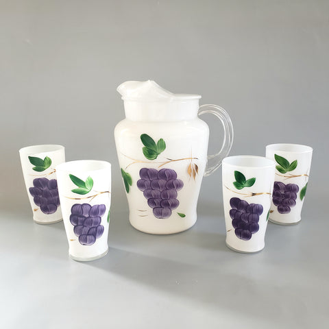 Mid-Century Frosted Glass Pitcher Set w/ 4 Tumblers Bartlett Collins, Hand Painted Grapes by Gay Fad