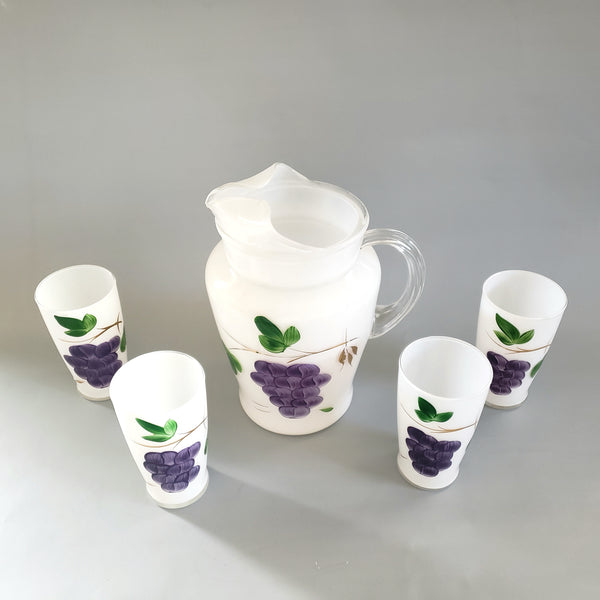 Mid-Century Frosted Glass Pitcher Set w/ 4 Tumblers Bartlett Collins, Hand-Painted Grapes by Gay Fad