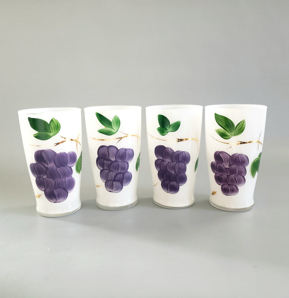 Mid-Century Frosted Glass Pitcher Set w/ 4 Tumblers Bartlett Collins, Hand-Painted Grapes by Gay Fad