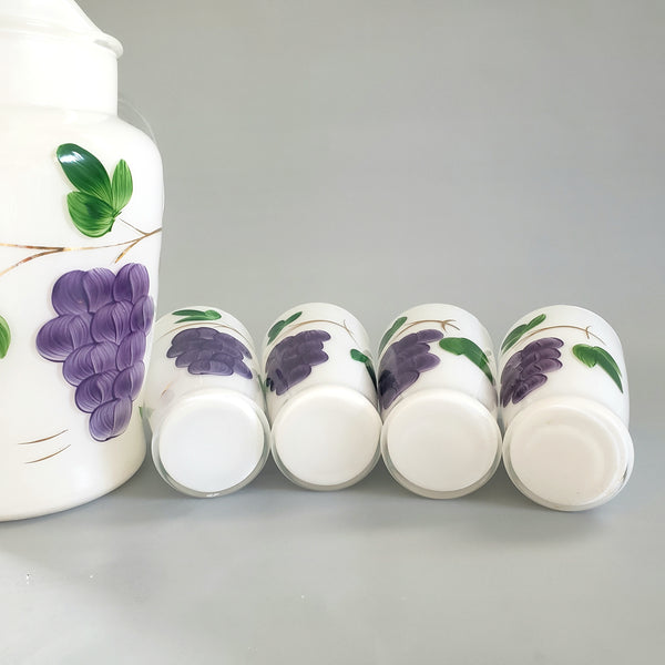 Mid-Century Frosted Glass Pitcher Set w/ 4 Tumblers Bartlett Collins, Hand-Painted Grapes by Gay Fad