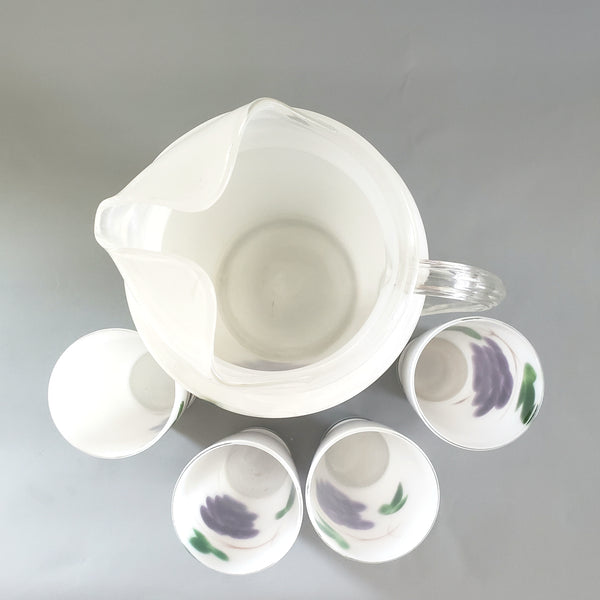 Mid-Century Frosted Glass Pitcher Set w/ 4 Tumblers Bartlett Collins, Hand-Painted Grapes by Gay Fad