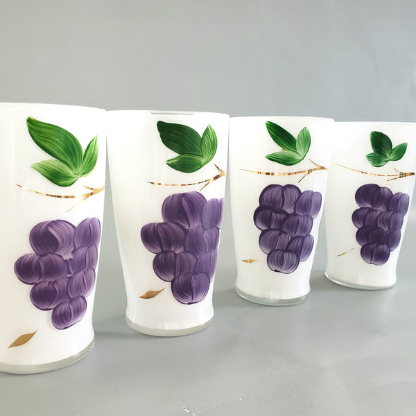 Mid-Century Frosted Glass Pitcher Set w/ 4 Tumblers Bartlett Collins, Hand-Painted Grapes by Gay Fad