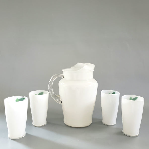 Mid-Century Frosted Glass Pitcher Set w/ 4 Tumblers Bartlett Collins, Hand-Painted Grapes by Gay Fad