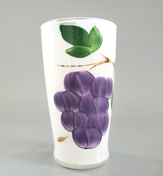 Mid-Century Frosted Glass Pitcher Set w/ 4 Tumblers Bartlett Collins, Hand-Painted Grapes by Gay Fad