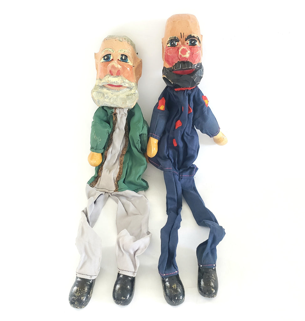 Unique Antique Carved German Wooden Hand Puppets "Two Bearded German Men" 