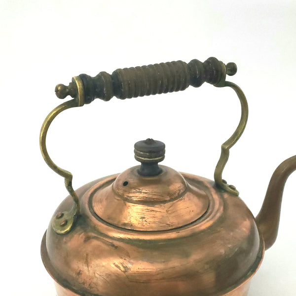 Vintage Copper and Brass Tea Kettle with Ornate Wooden Handle