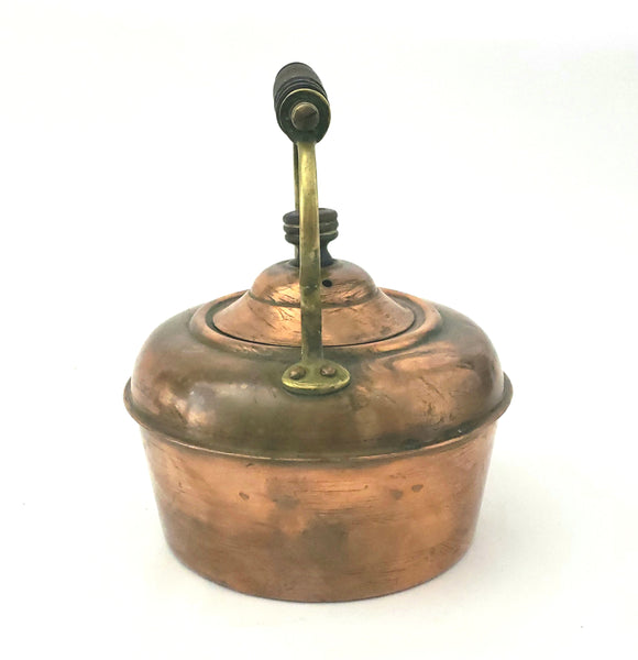 Vintage Copper and Brass Tea Kettle with Ornate Wooden Handle