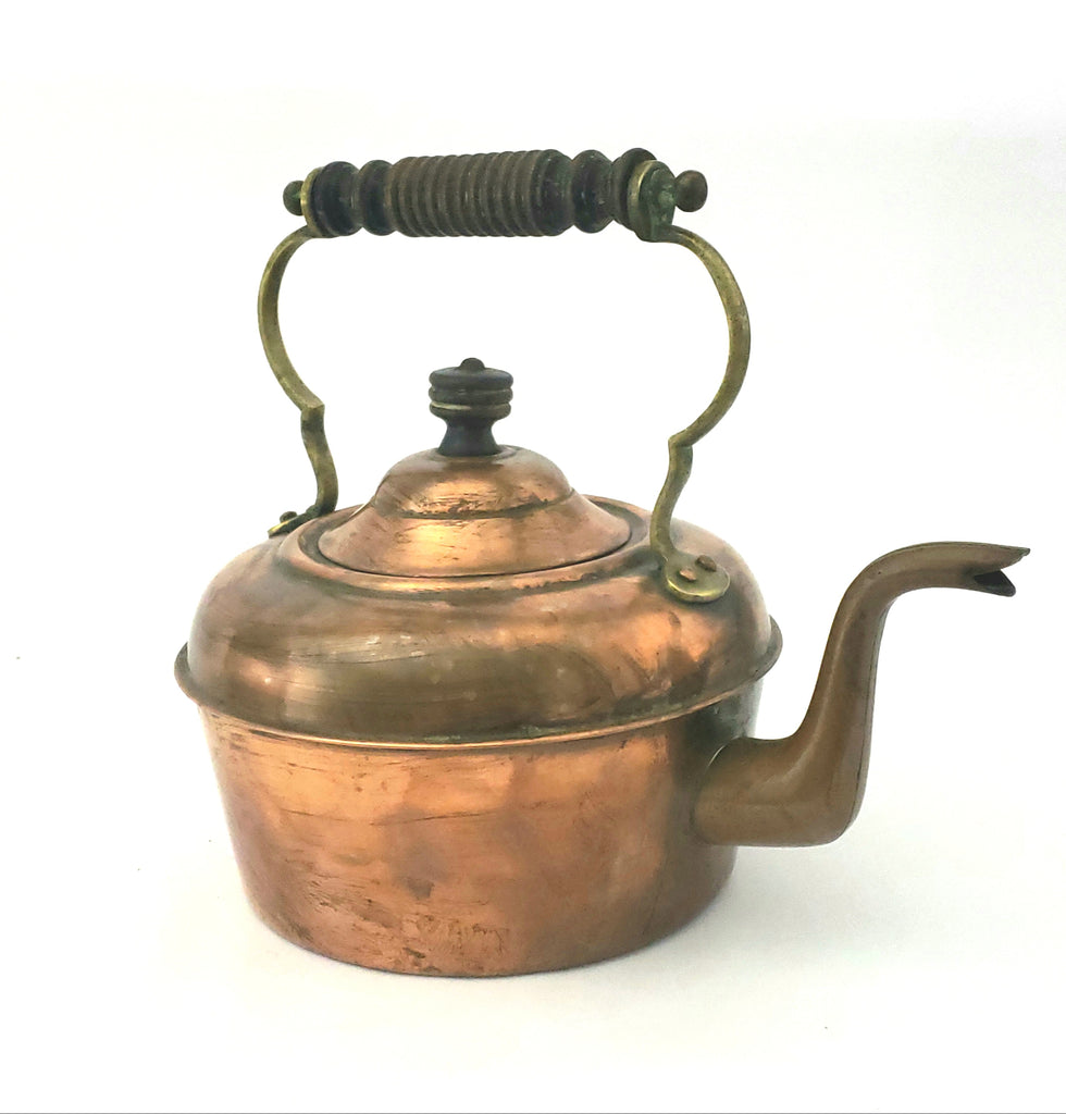 Vintage Copper and Brass Tea Kettle with Ornate Wooden Handle