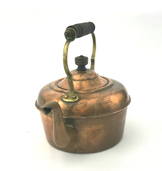Vintage Copper and Brass Tea Kettle with Ornate Wooden Handle