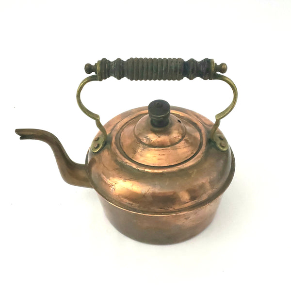 Vintage Copper and Brass Tea Kettle with Ornate Wooden Handle