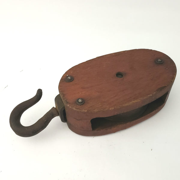 Rustic Farmhouse Single Wood Block Pulley with Cast Iron Lifting Hook