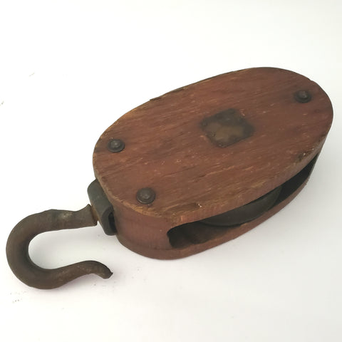 Farmhouse Single Wood Block Pulley with Cast Iron Lifting Hook
