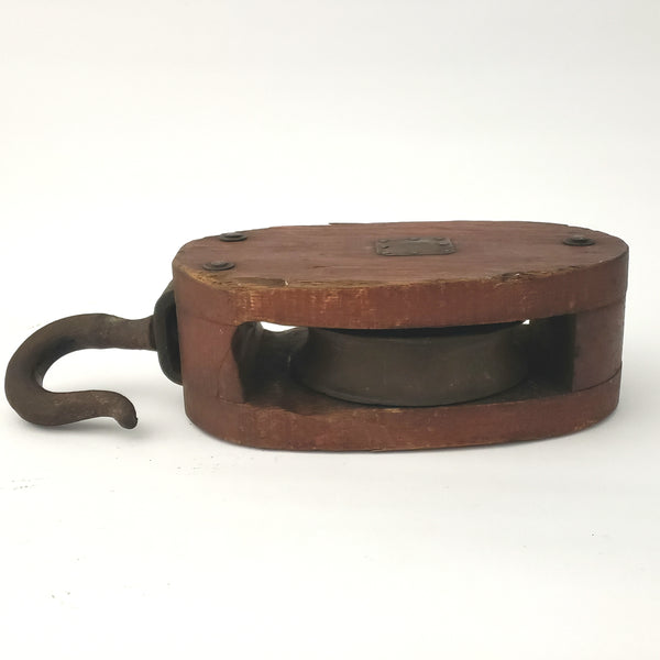 Rustic Farmhouse Single Wood Block Pulley with Cast Iron Lifting Hook