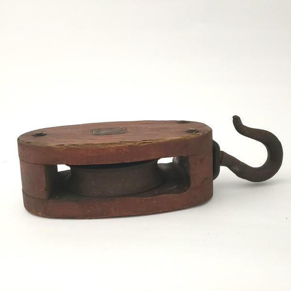 Rustic Farmhouse Single Wood Block Pulley with Cast Iron Lifting Hook