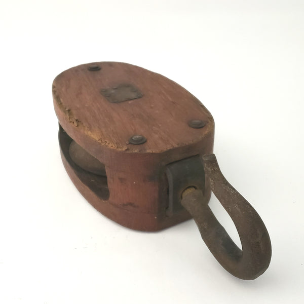 Rustic Farmhouse Single Wood Block Pulley with Cast Iron Lifting Hook