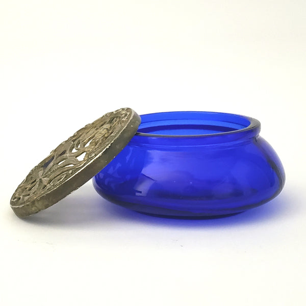 Cobalt Blue Glass Trinket Dish with Silver Plate Metal Lid by Silvestri