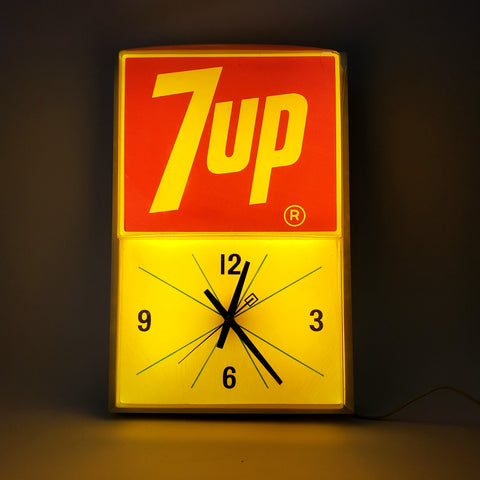 Vintage 7UP Lighted Electric Wall Clock with Metal Base c. 1970's