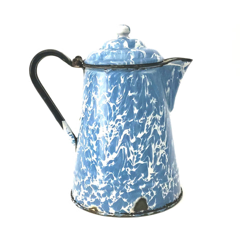 Vintage Blue and White Swirled Enamelware Coffee Pot with Hinged Lid