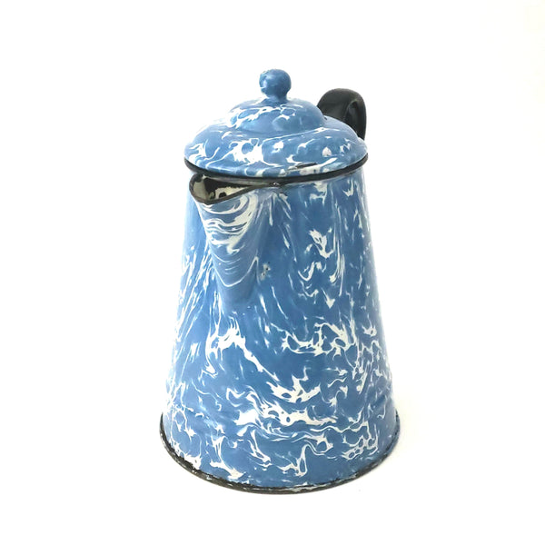 Vintage Blue and White Swirled Enamelware Coffee Pot with Hinged Lid