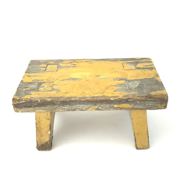 Primitive Wooden Footstool w/ Mortise and Tenon Construction Mustard Yellow Paint