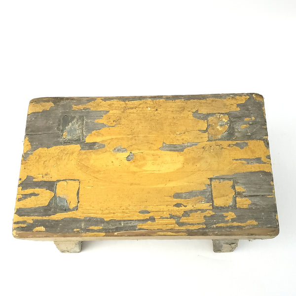 Primitive Wooden Footstool w/ Mortise and Tenon Construction Mustard Yellow Paint