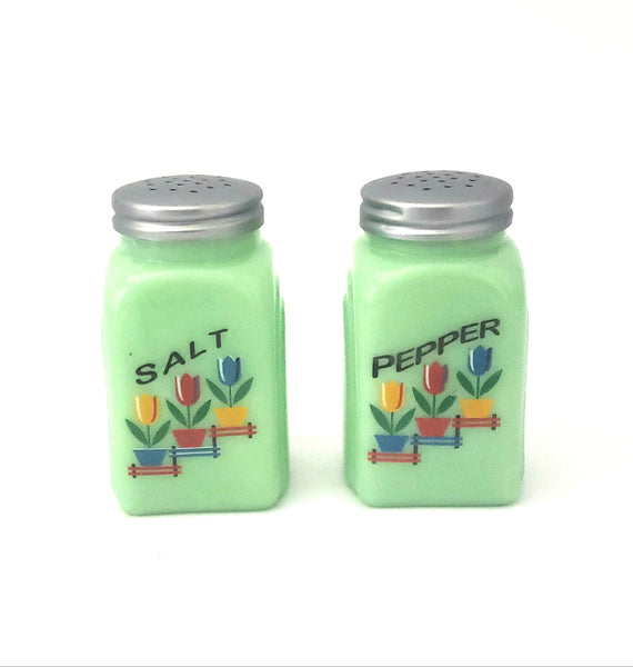 Jadeite Green Glass Salt and Pepper Shaker Tulip Pattern