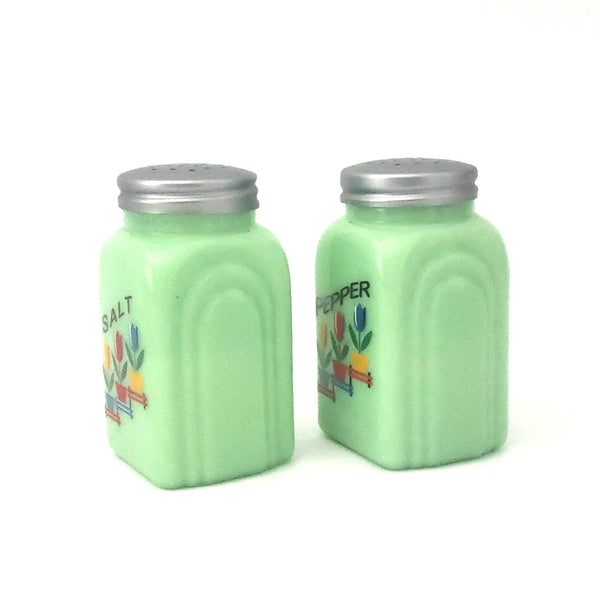 Jadeite Green Glass Salt and Pepper Shaker Tulip Pattern