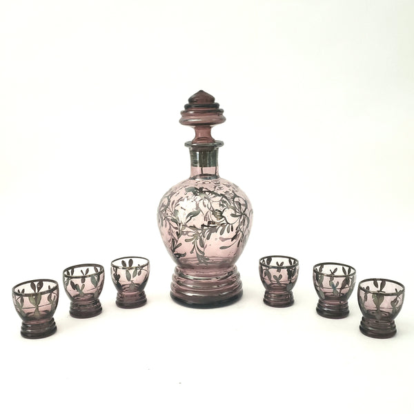 Vintage Purple 7 Piece Decanter & Shot Glass Set with Silver Overlay