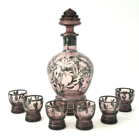 Vintage Purple 7 Piece Decanter & Shot Glass Set with Silver Overlay