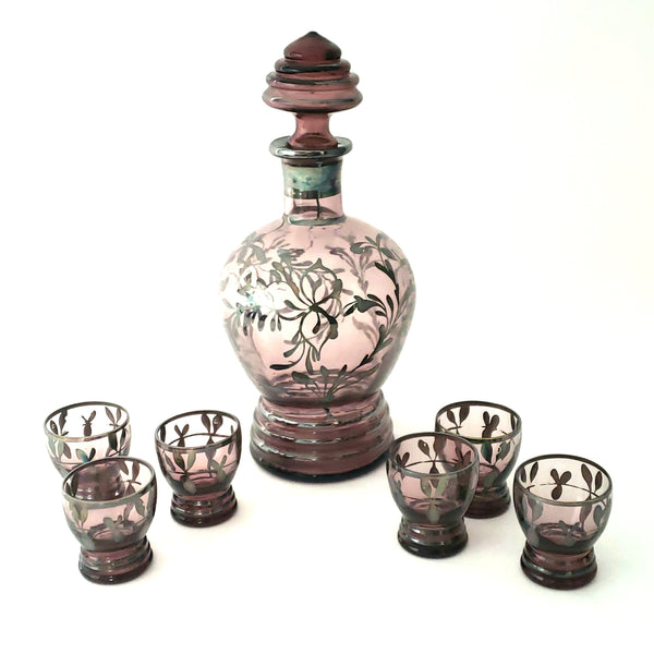 Purple 7 Piece Decanter & Shot Glass Set with Embellished Silver Overlay