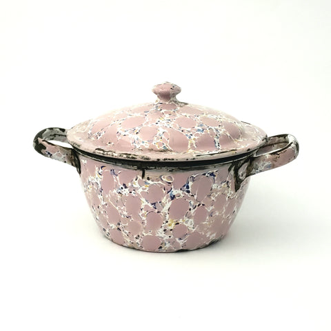 Rare Vintage Pink Enamelware Sauce Pot w/ White & Blue Chicken Wire Pattern 