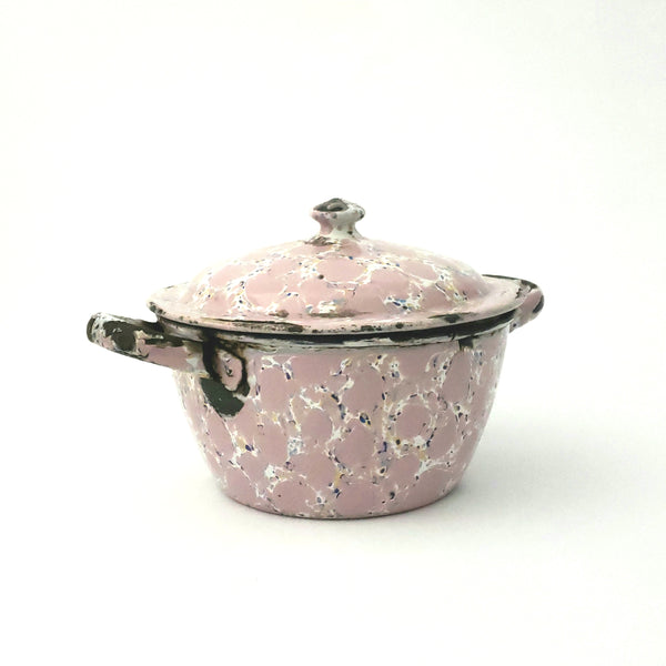 Rare Vintage Pink Enamelware Sauce Pot w/ White & Blue Chicken Wire Pattern