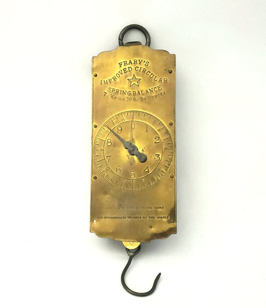 Antique General Store Brass Hanging Scale with Metal Rectangular Pan by Frary's