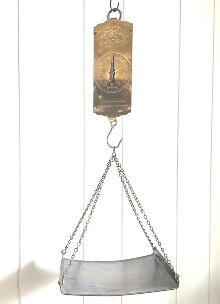 Antique General Store Brass Hanging Scale with Metal Rectangular Pan by Frary's