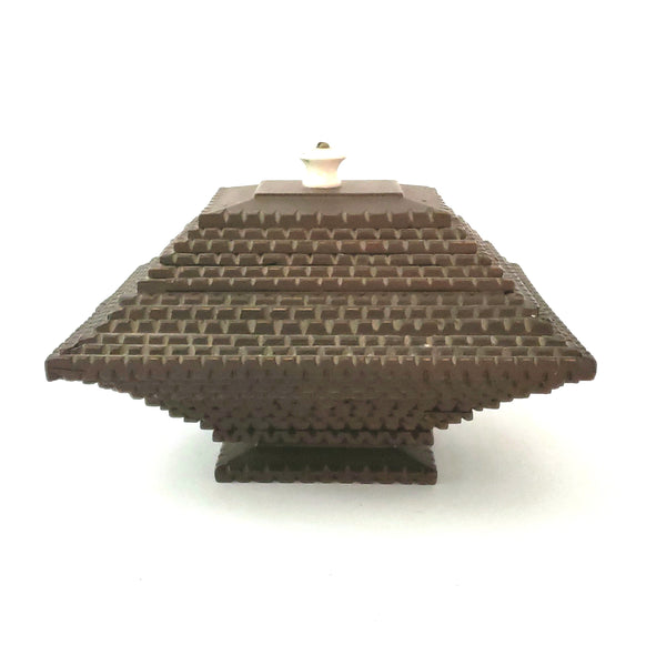 Tramp Art Carved Pyramid Box with Sliding Top and Porcelain Knob