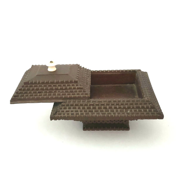 Tramp Art Carved Pyramid Box with Sliding Top and Porcelain Knob