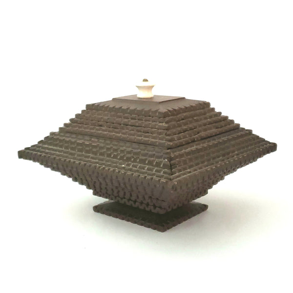 Tramp Art Carved Pyramid Box with Sliding Top and Porcelain Knob