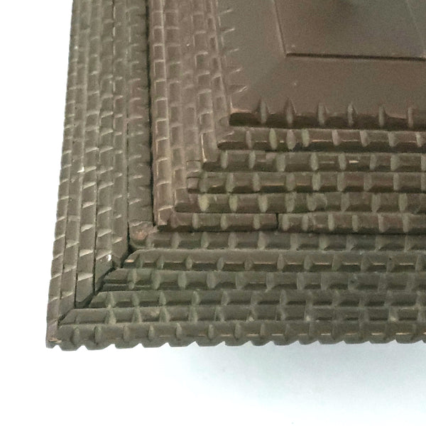 Tramp Art Carved Pyramid Box with Sliding Top and Porcelain Knob