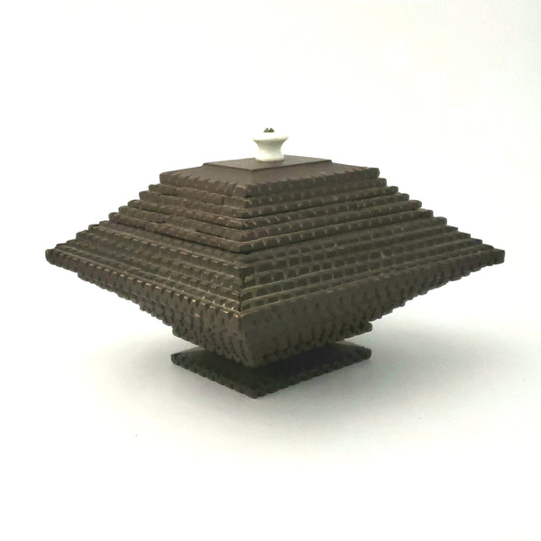 Tramp Art Carved Pyramid Box with Sliding Top and Porcelain Knob