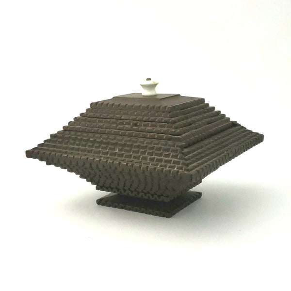 Tramp Art Carved Pyramid Box with Sliding Top and Porcelain Knob