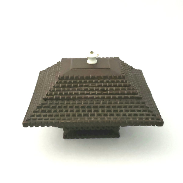 Tramp Art Carved Pyramid Box with Sliding Top and Porcelain Knob