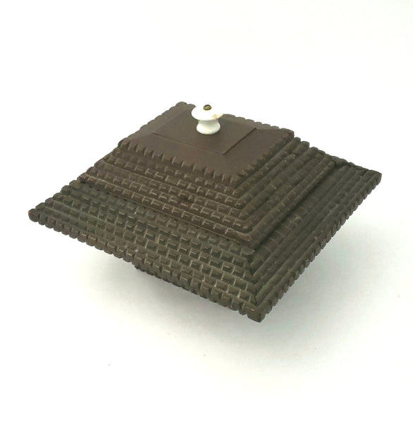 Tramp Art Carved Pyramid Box with Sliding Top and Porcelain Knob