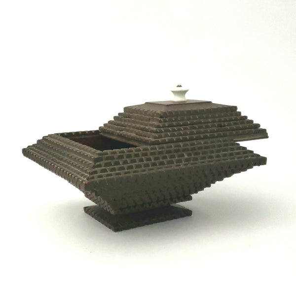 Tramp Art Carved Pyramid Box with Sliding Top and Porcelain Knob