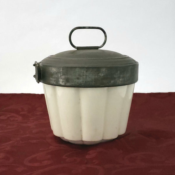Antique Creamy White German Steam Pudding Mold w/ Tin Lid & Side Locking Latch