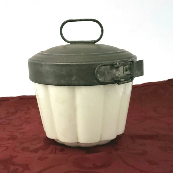 Antique Creamy White German Steam Pudding Mold w/ Tin Lid & Side Locking Latch